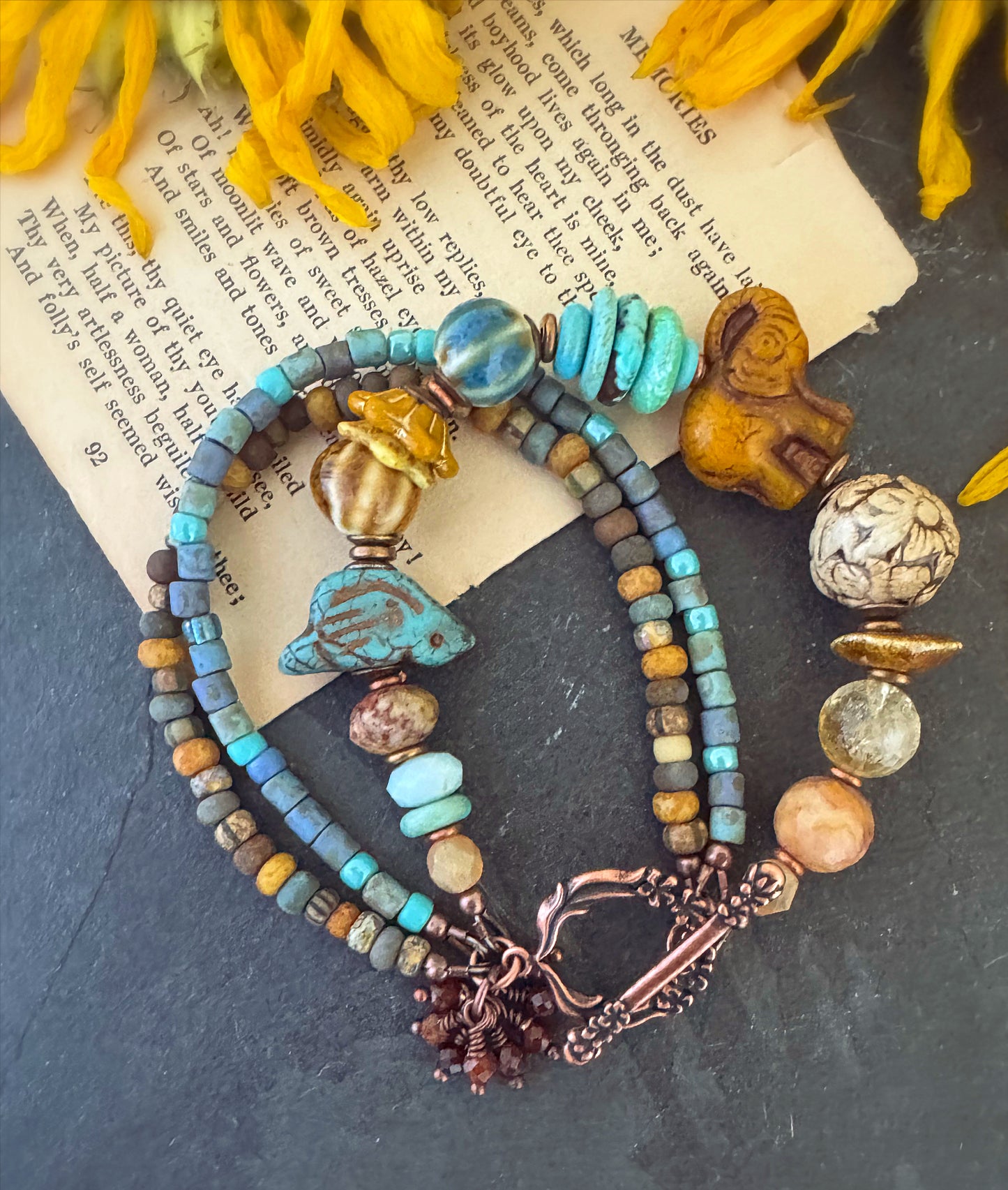 Turquoise stone, Czech glass, ceramic, citrine, jasper and copper metal, bracelet.