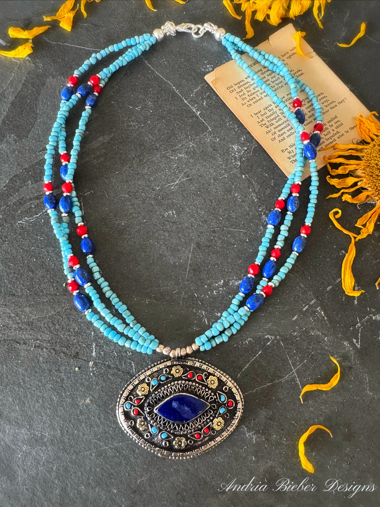 Afghanistan lapis pendant, blue glass beads, coral, lapis lazuli stone, silver metal, necklace.