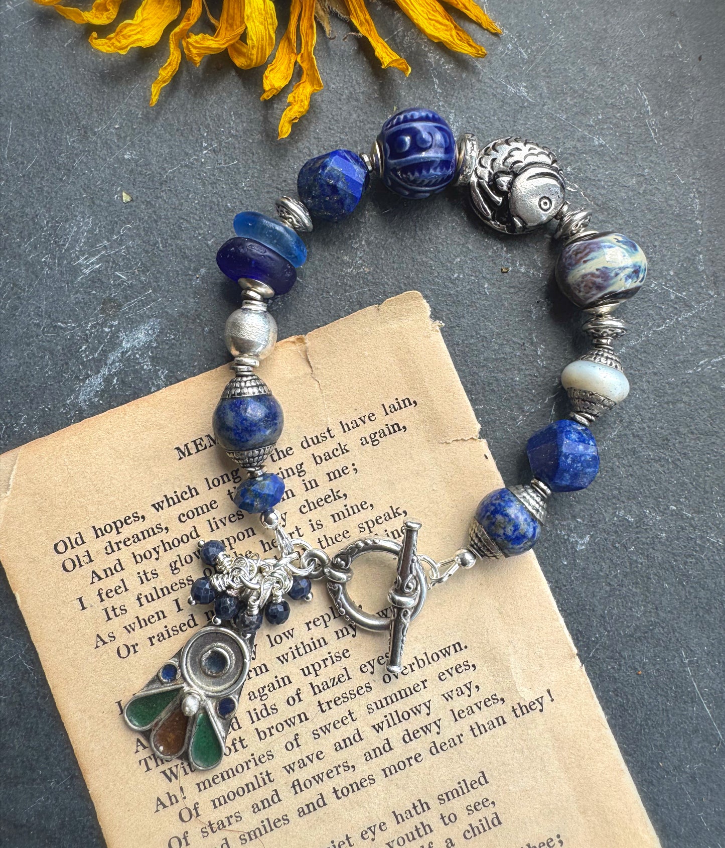 Lapis lazuli stone, Czech glass, ceramic, silver metal, bracelet