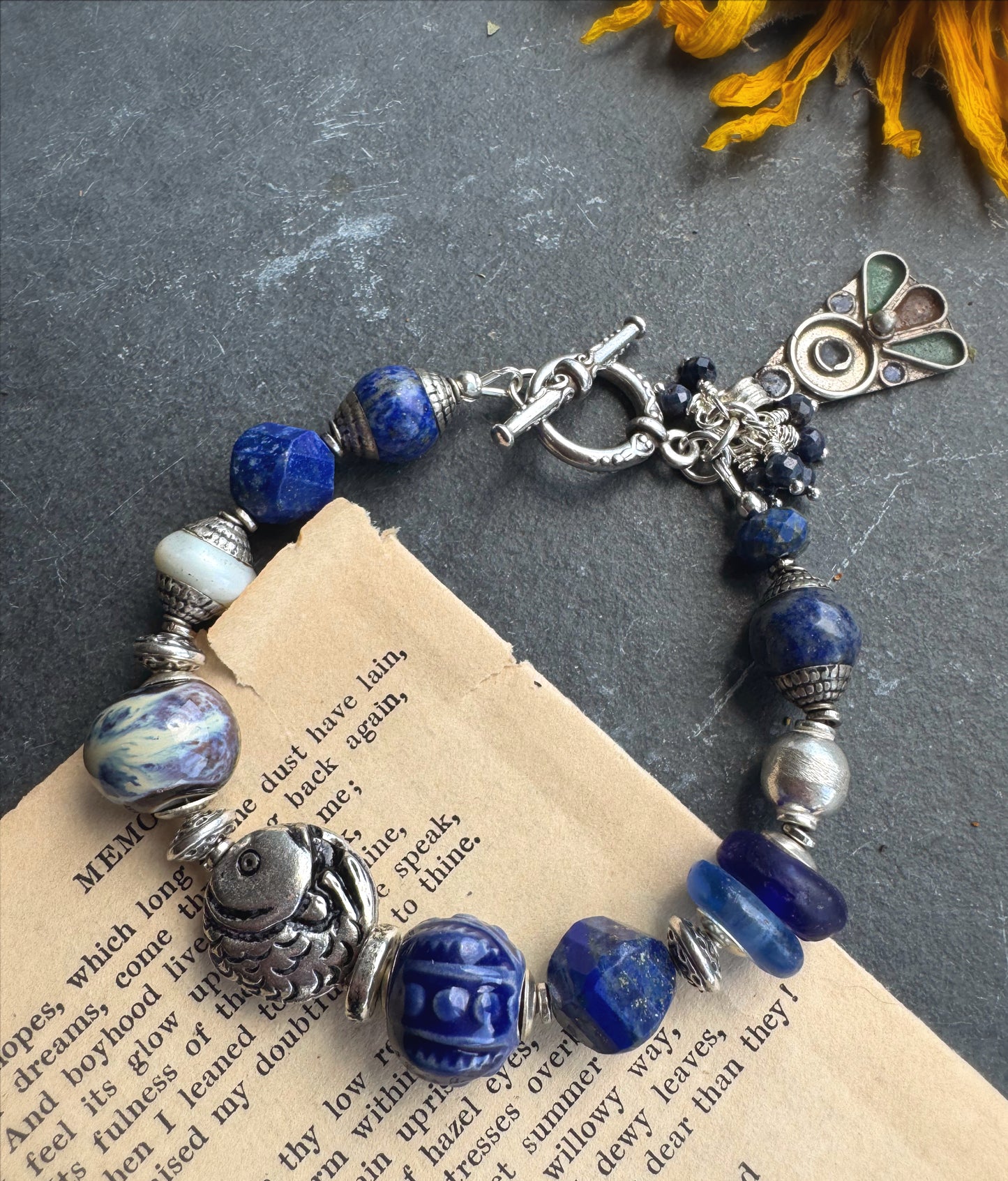 Lapis lazuli stone, Czech glass, ceramic, silver metal, bracelet