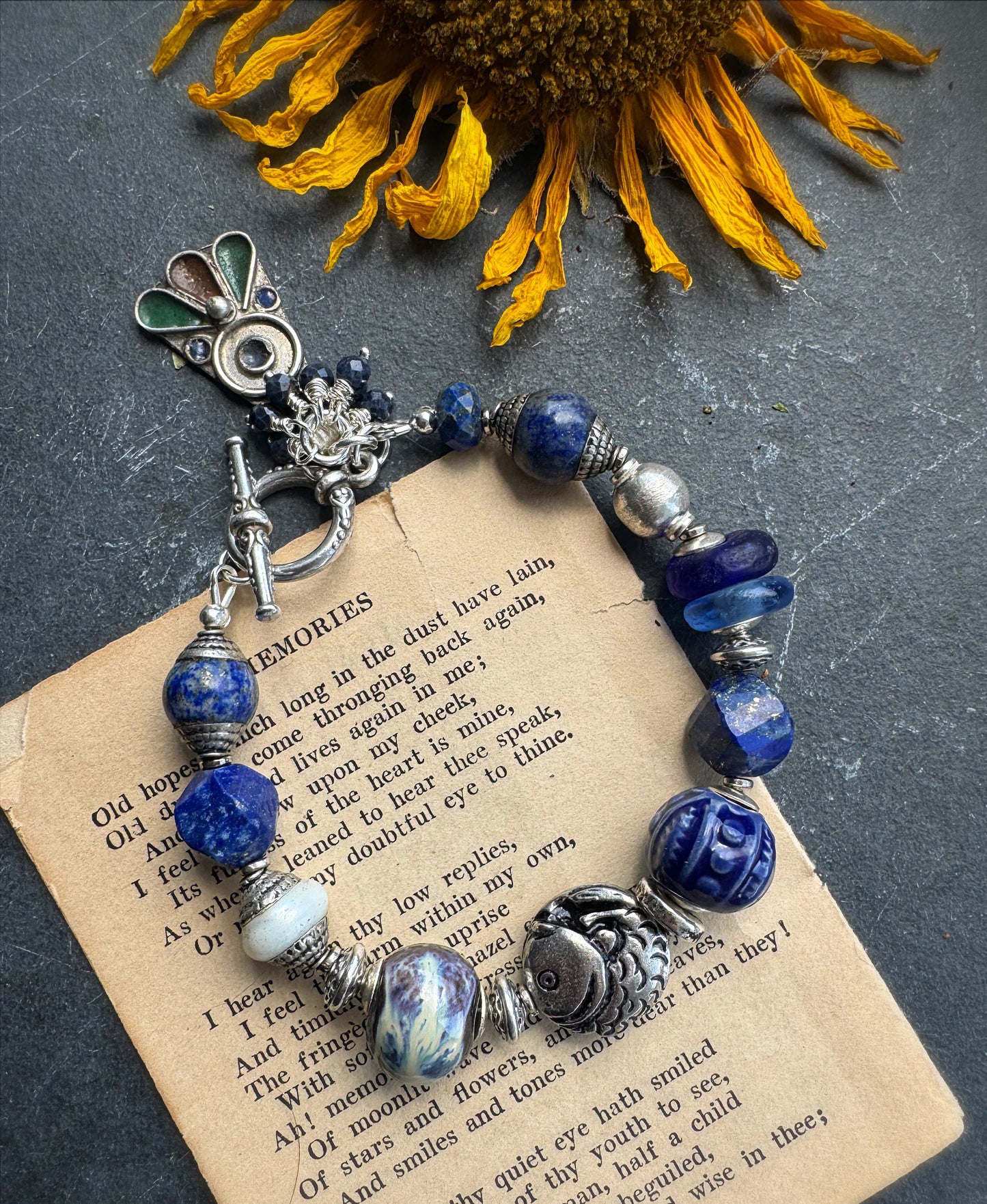Lapis lazuli stone, Czech glass, ceramic, silver metal, bracelet