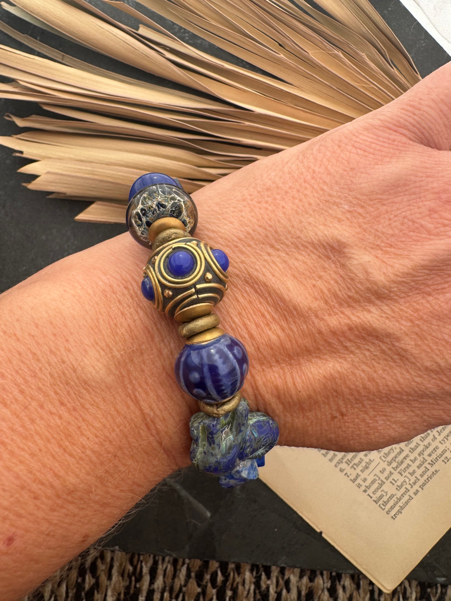 Lapis lazuli stone, Czech glass, ceramic beads, lampwork glass, brass metal, bracelet