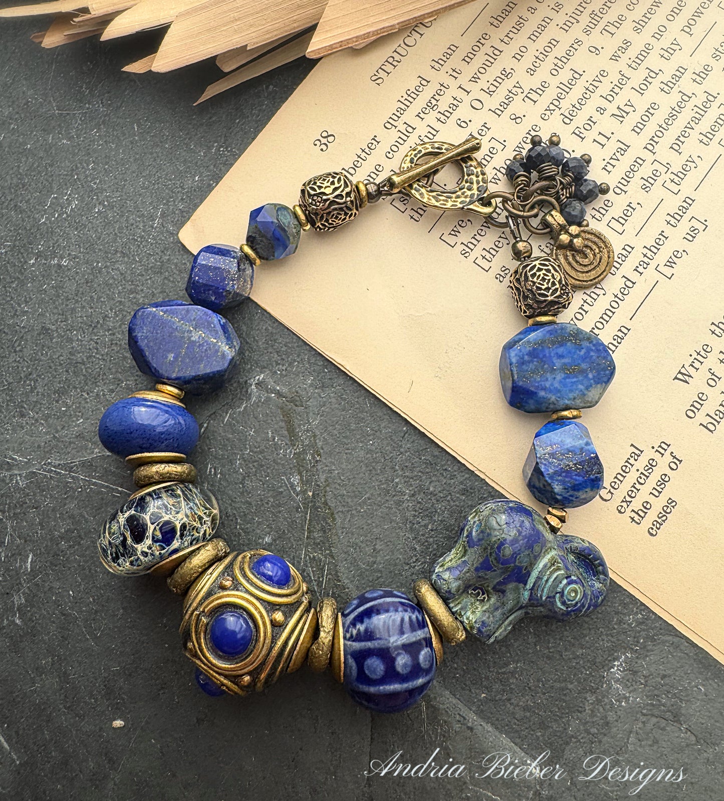 Lapis lazuli stone, Czech glass, ceramic beads, lampwork glass, brass metal, bracelet