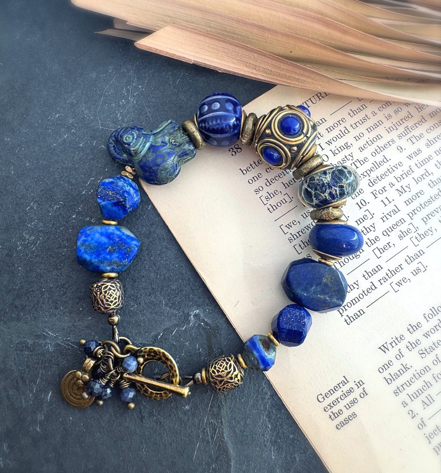 Lapis lazuli stone, Czech glass, ceramic beads, lampwork glass, brass metal, bracelet