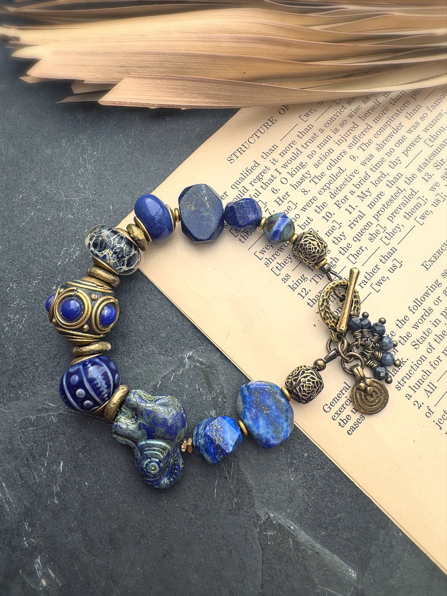Lapis lazuli stone, Czech glass, ceramic beads, lampwork glass, brass metal, bracelet