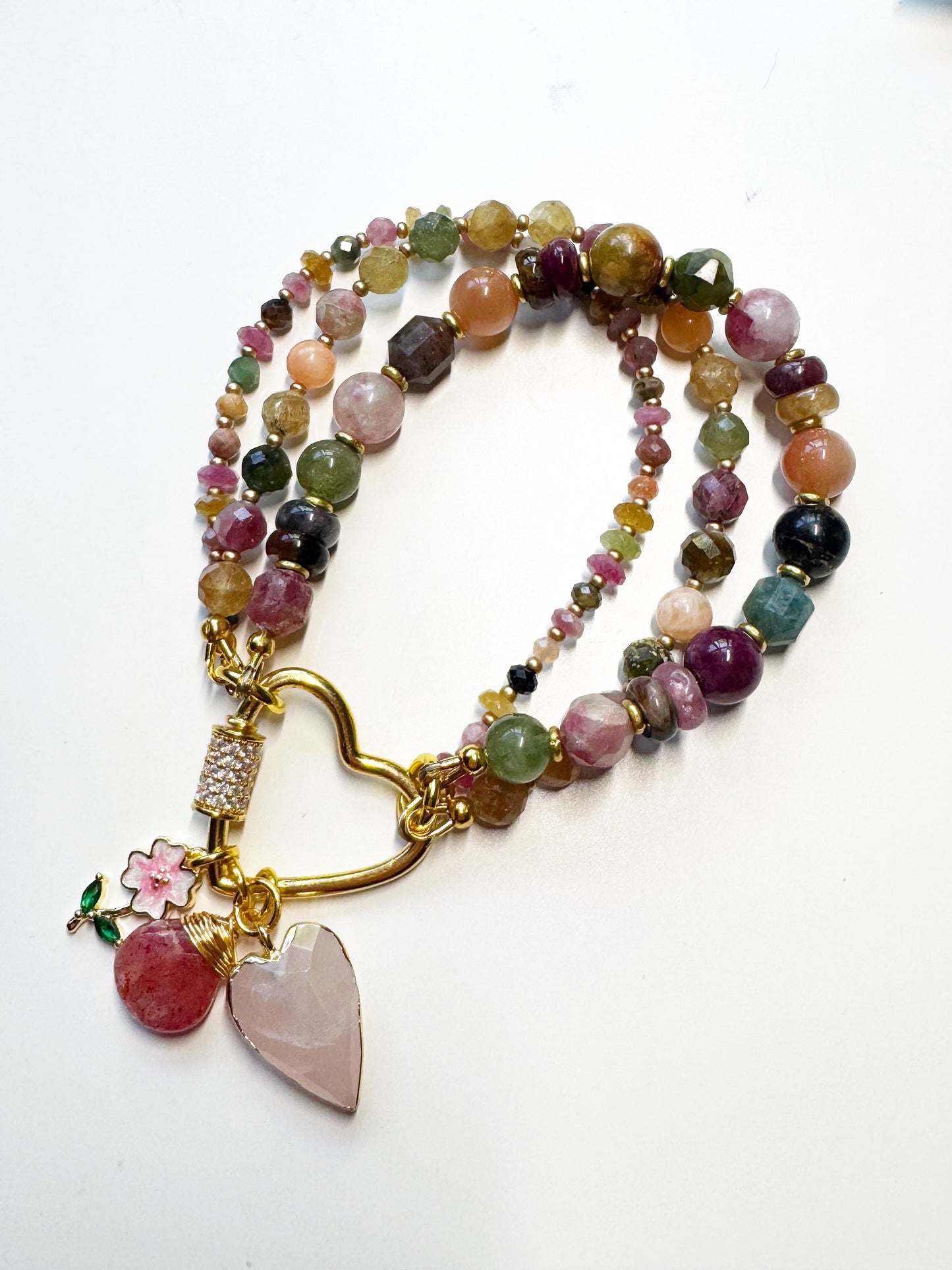 Watermelon tourmaline stone, rose quartz, strawberry quartz, gold metal, bracelet. Heart twist clasp. MTO