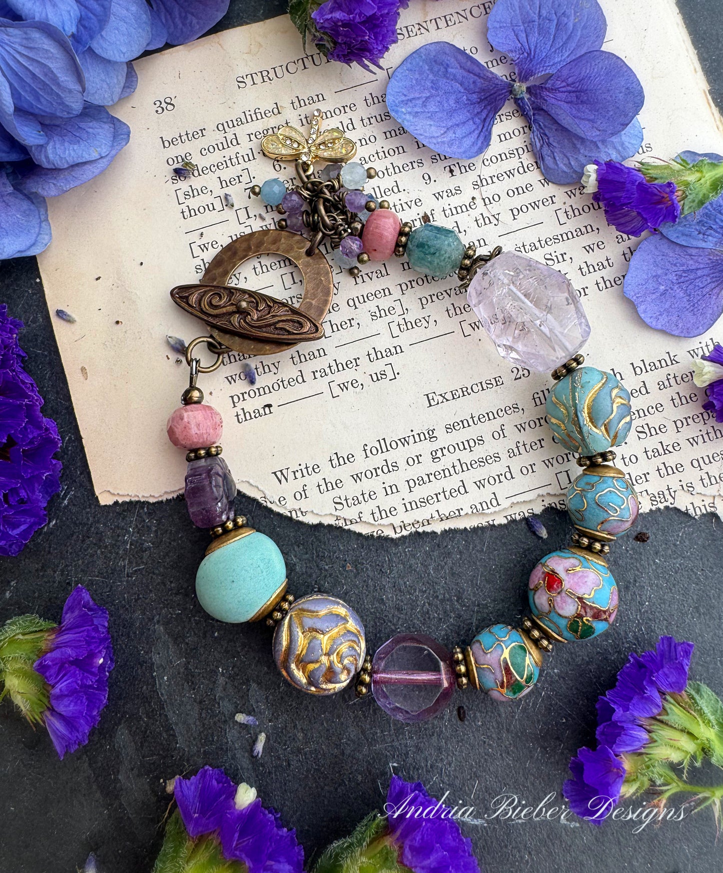 Cloisonné beads, ceramic bead, Czech glass, African brass, bracelet.