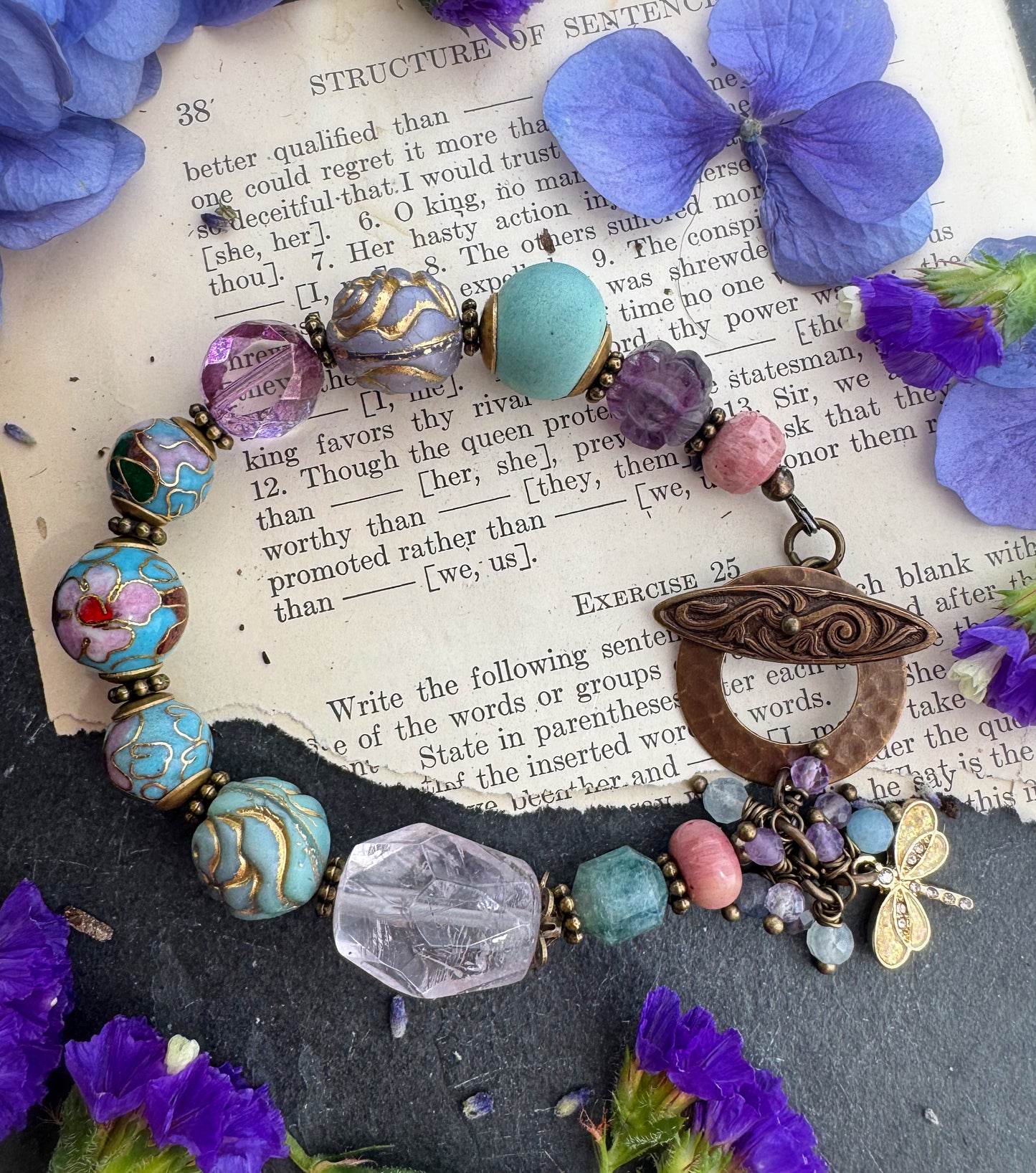 Cloisonné beads, ceramic bead, Czech glass, African brass, bracelet.