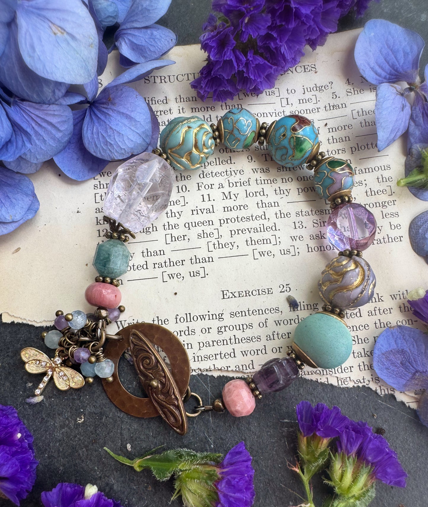 Cloisonné beads, ceramic bead, Czech glass, African brass, bracelet.