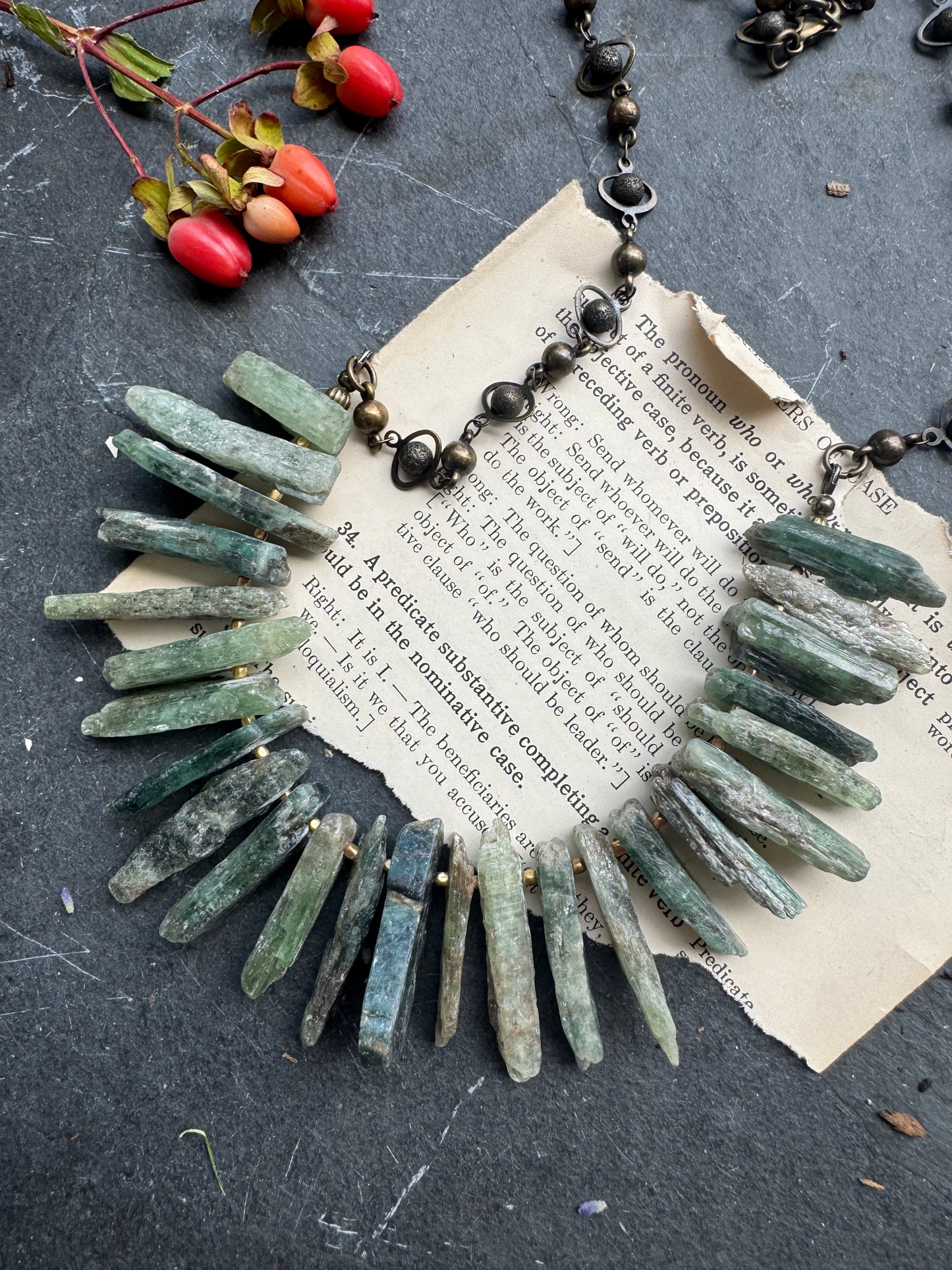 Green Kyanite gemstone necklace, African brass metal, necklace, jewelry