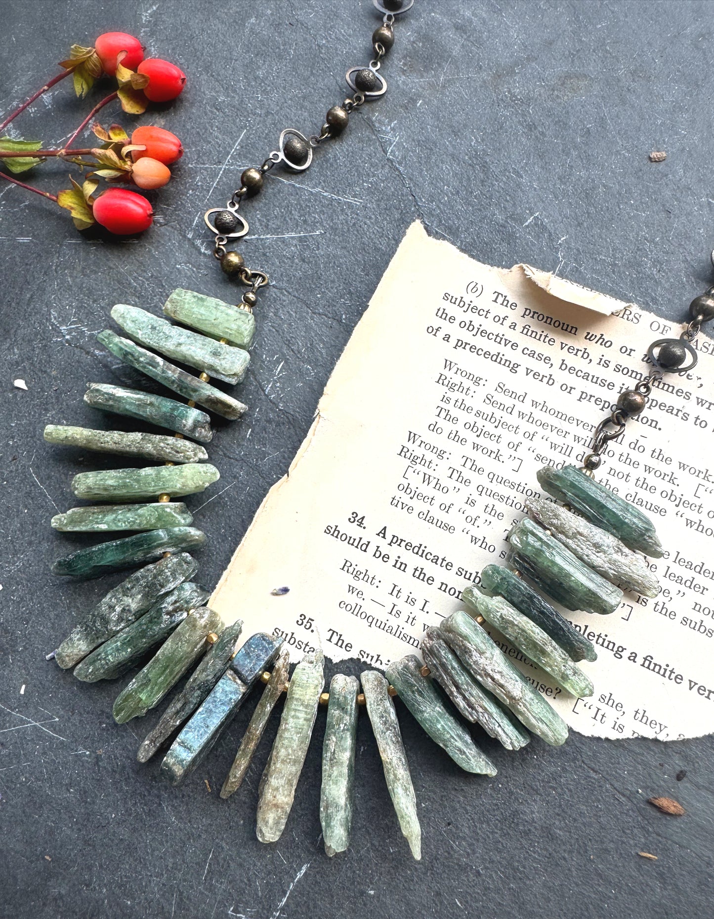 Green Kyanite gemstone necklace, African brass metal, necklace, jewelry