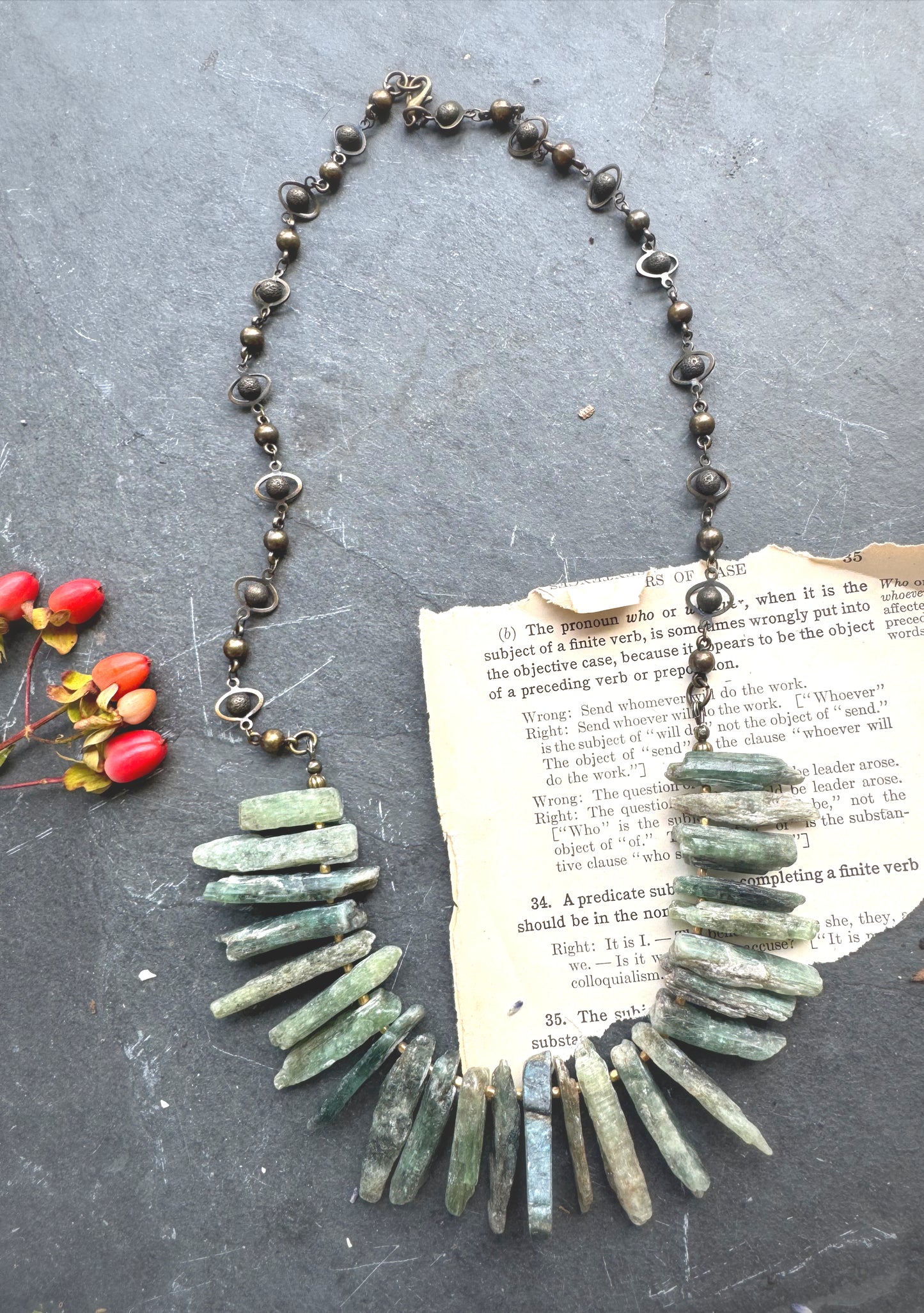Green Kyanite gemstone necklace, African brass metal, necklace, jewelry