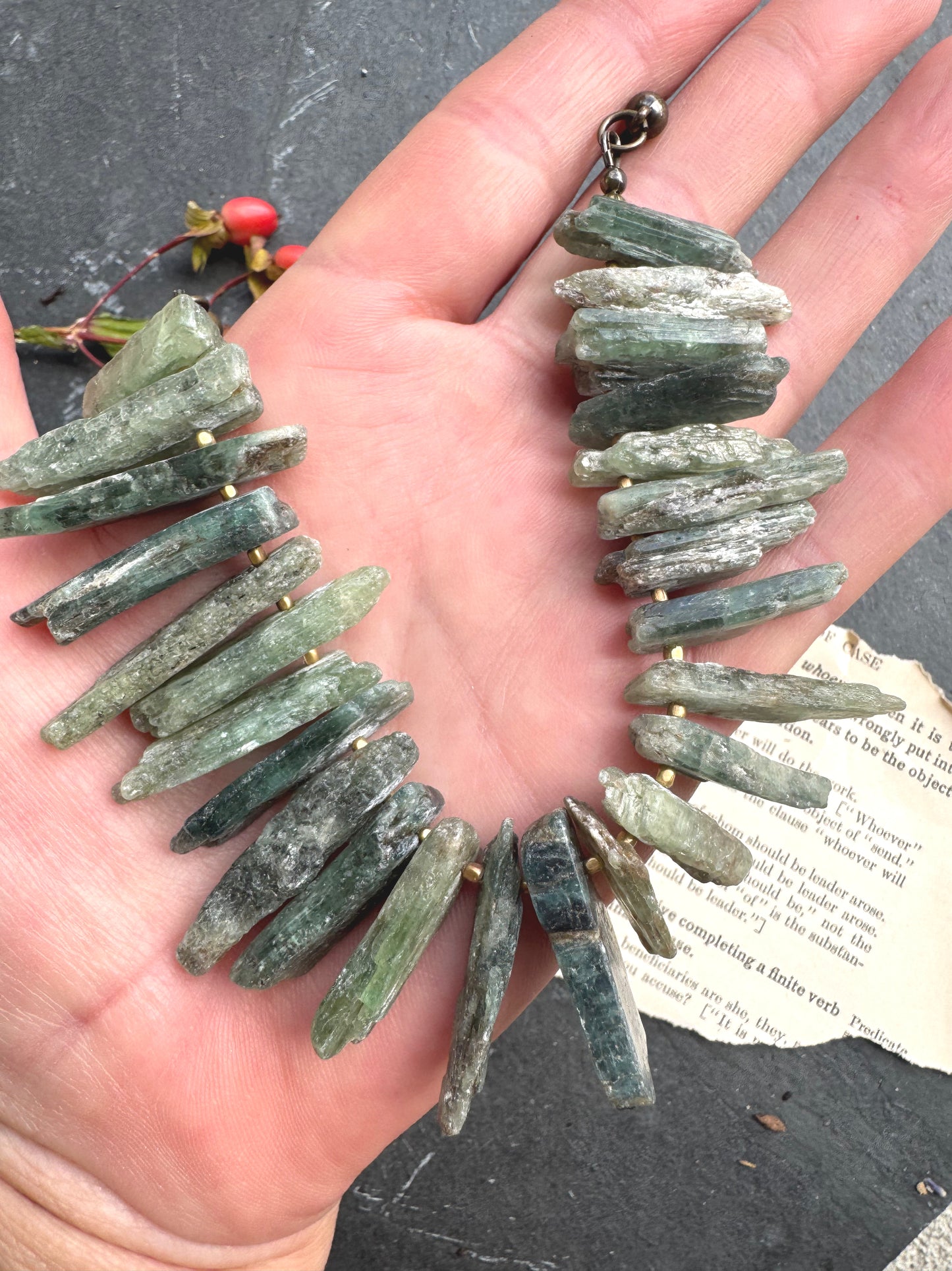 Green Kyanite gemstone necklace, African brass metal, necklace, jewelry