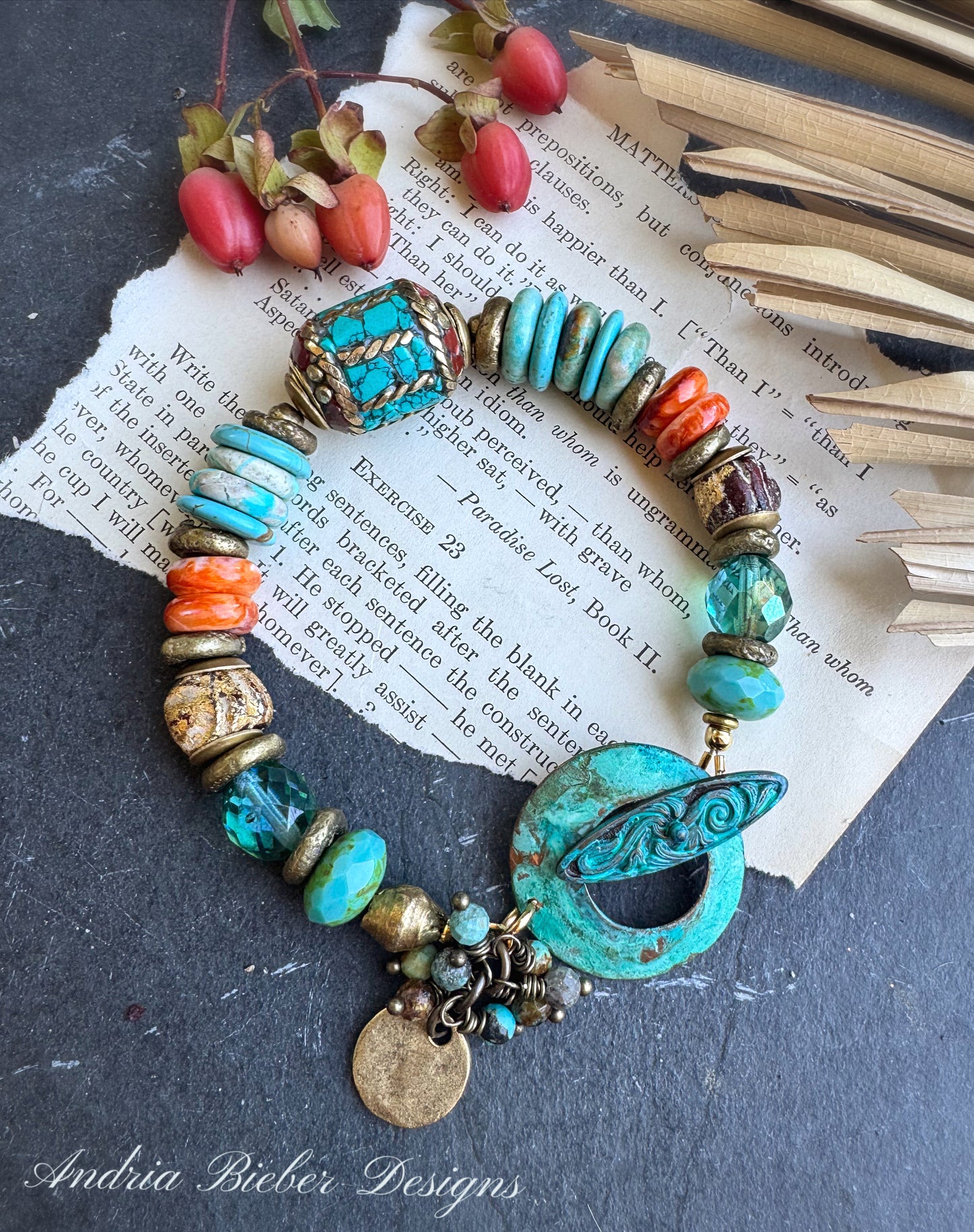 African brass, turquoise stone, Nepal center bead with coral and turquoise stone inlay, spiny oyster, African ceramic beads, Czech glass and custom made patina clasp. bracelet, jewelry