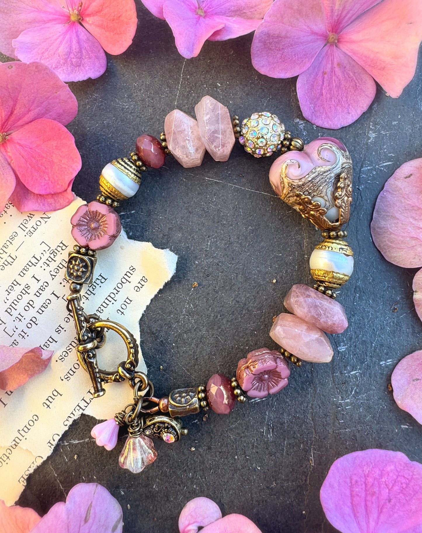 Strawberry quartz, czech glass,pearl, lampwork glass, brass metal. * made at time of order