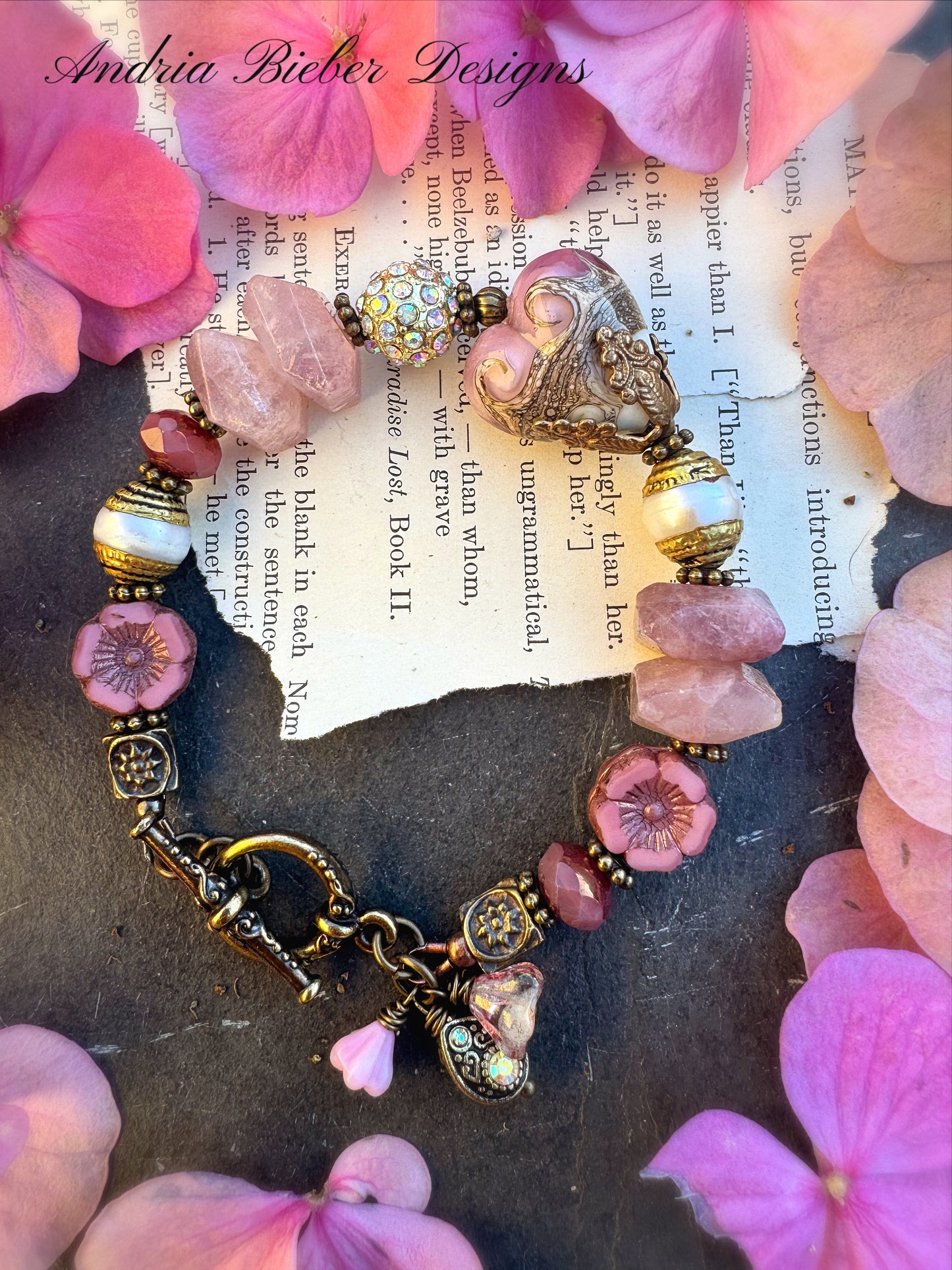 Strawberry quartz, czech glass,pearl, lampwork glass, brass metal. * made at time of order