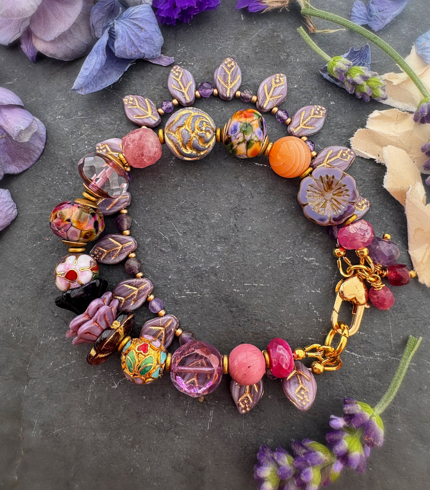 lampwork glass, mixed pink stone, Cloisonné beads, Czech glass, pink moonstone and amethyst. African brass, Czech glass leaves.