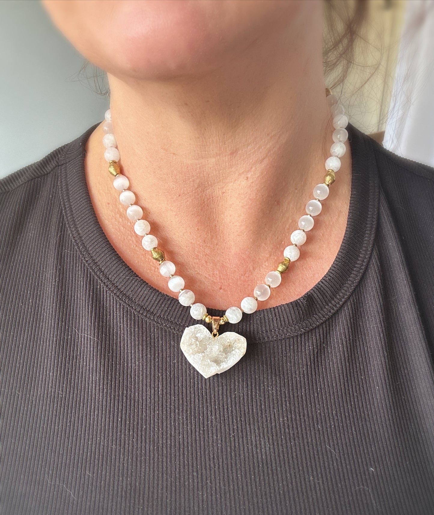 (Moonstone, selenite stone, heart druzy pendant, brass metal, necklace