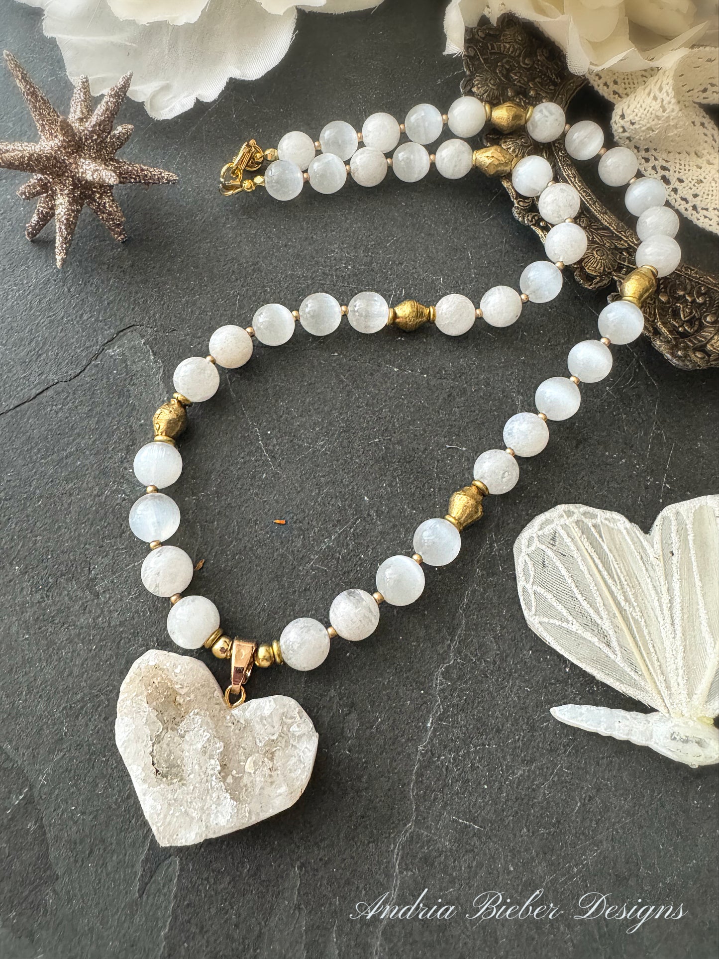 (Moonstone, selenite stone, heart druzy pendant, brass metal, necklace