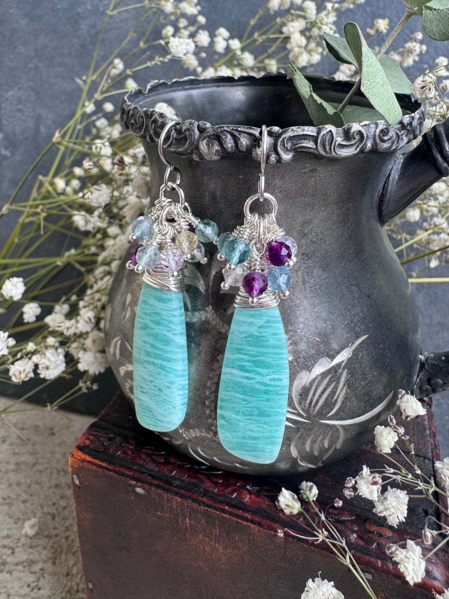 Fluorite stone, Amazonite drops, stainless steel ear wires, earrings