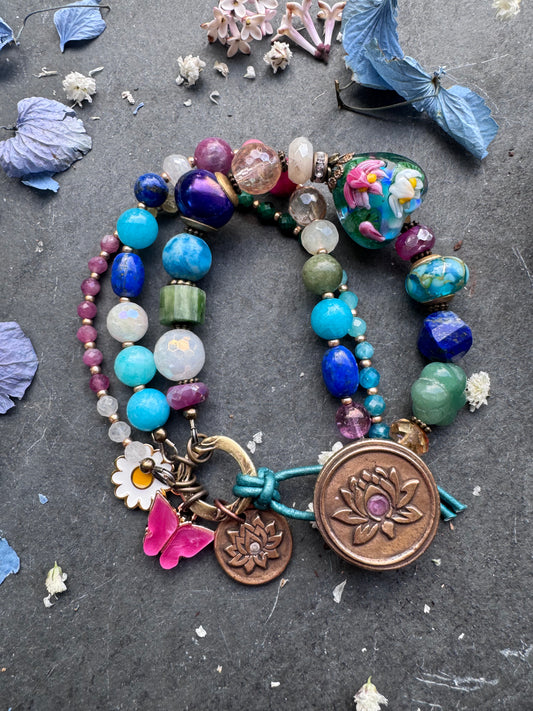 Lotus flower. Lampwork glass, mixed stone, ceramic,lotus flower bronze button.