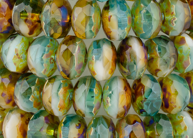 Rondelle (7x5mm) Aqua Blue Transparent, Amber Transparent, and Ivory Opaque Mix with Picasso Finish