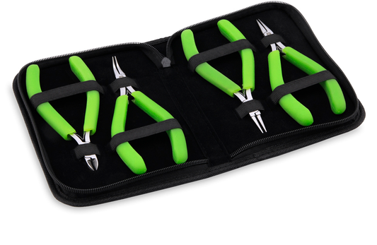 Professional Series Nylon Inner Jaw Pliers Kit, Lime Green Vinyl-Free Grips, Chain Nose, Bent Chain Nose, Round Nose, Semi-Flush Cutter, 5.75 in / 14.6 cm ea, 4 pc with Pouch