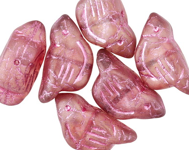 Czech Glass Bird Beads, Pink with pink wash, 11x22mm