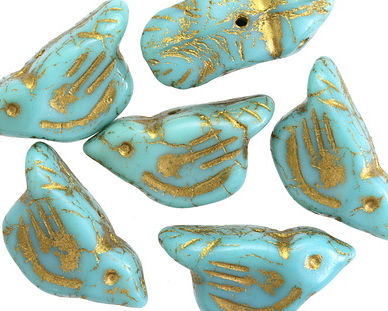 Turquiose with gold Czech Glass Bird Beads 11x22mm