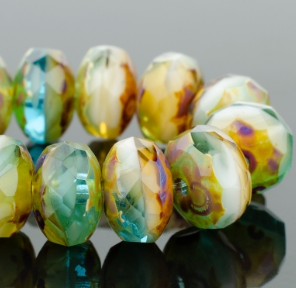 Rondelle (7x5mm) Aqua Blue Transparent, Amber Transparent, and Ivory Opaque Mix with Picasso Finish