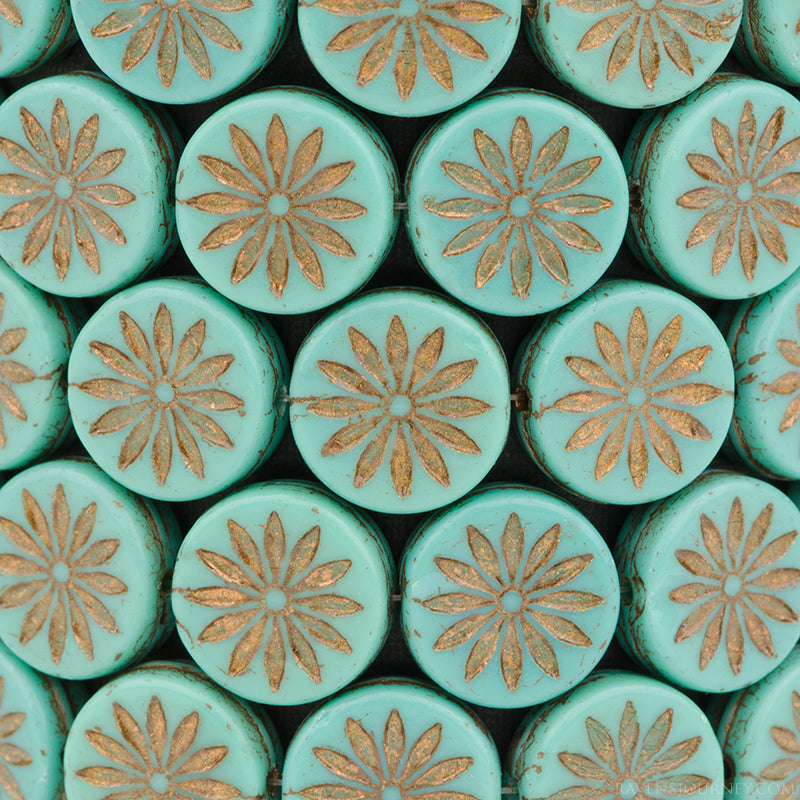 Czech glass, Coin with Aster (12mm) Turquoise Opaque with Dark Bronze Wash