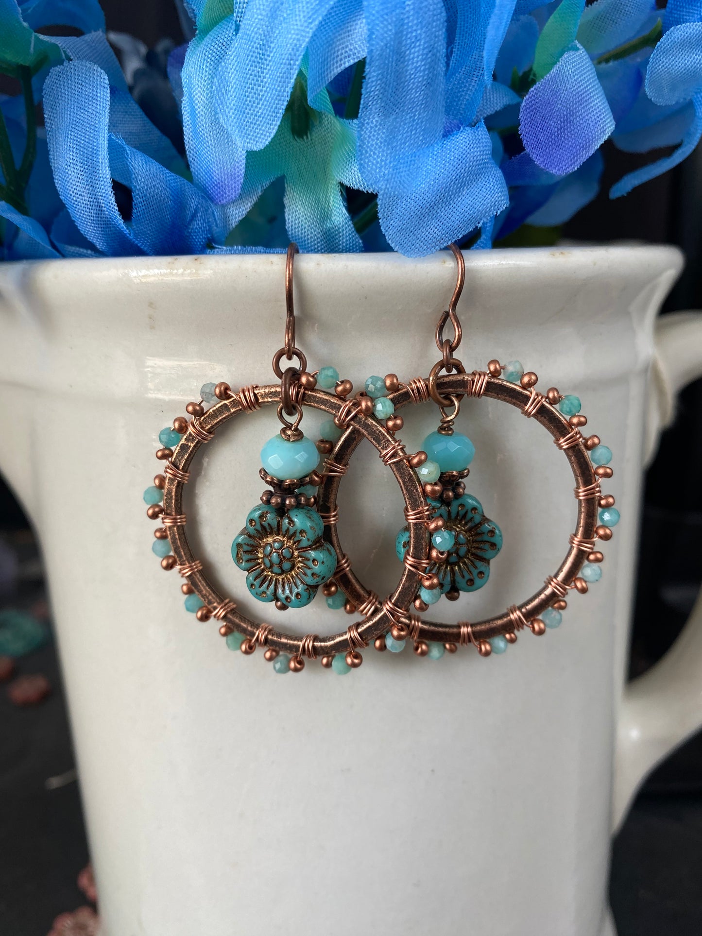 Amazonite stone, turquoise Czech glass flowers, copper metal hoops, wire wrapped, earrings