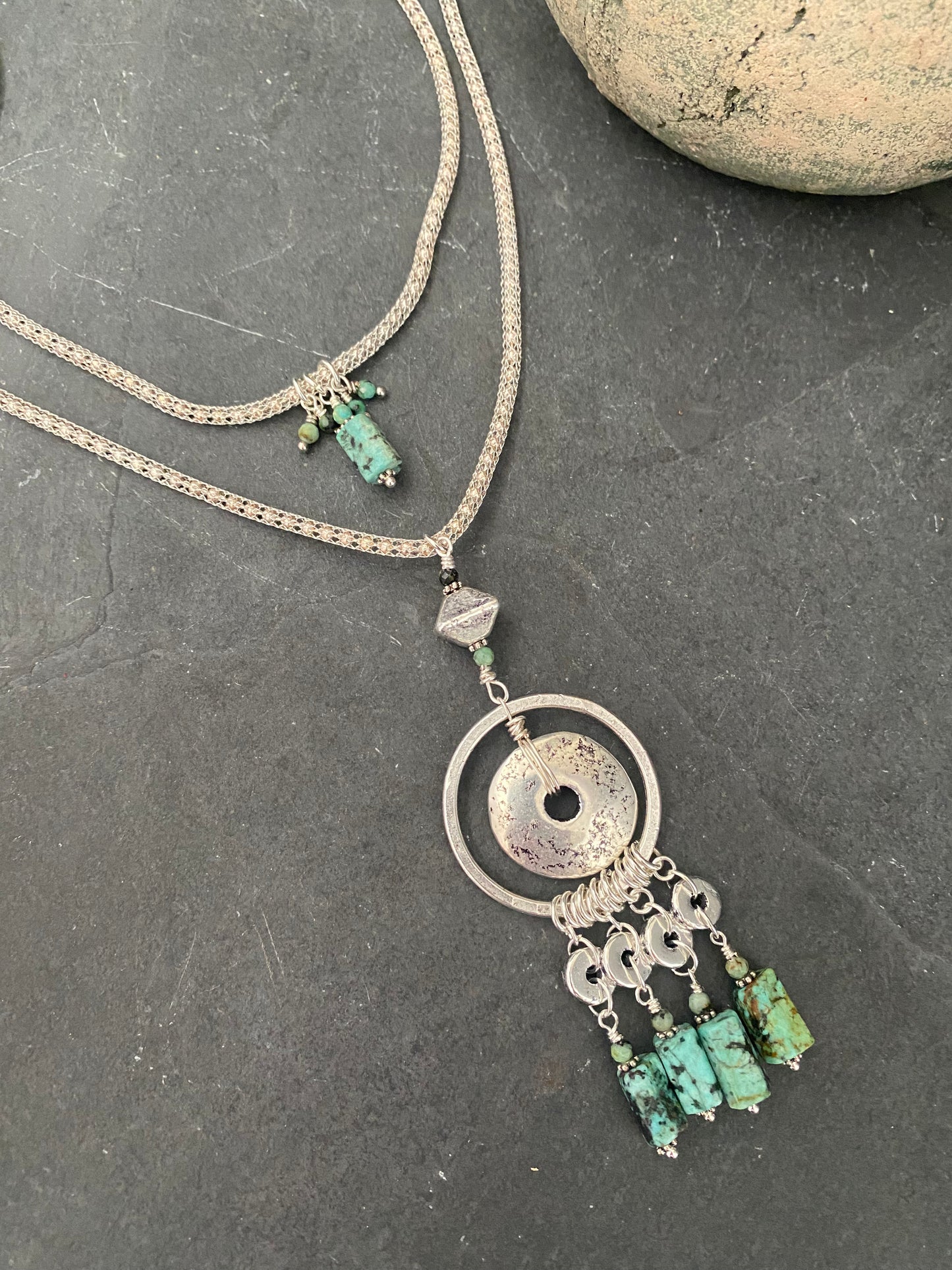 Green African turquoise, ceramic beads, silver metal, necklace, jewelry
