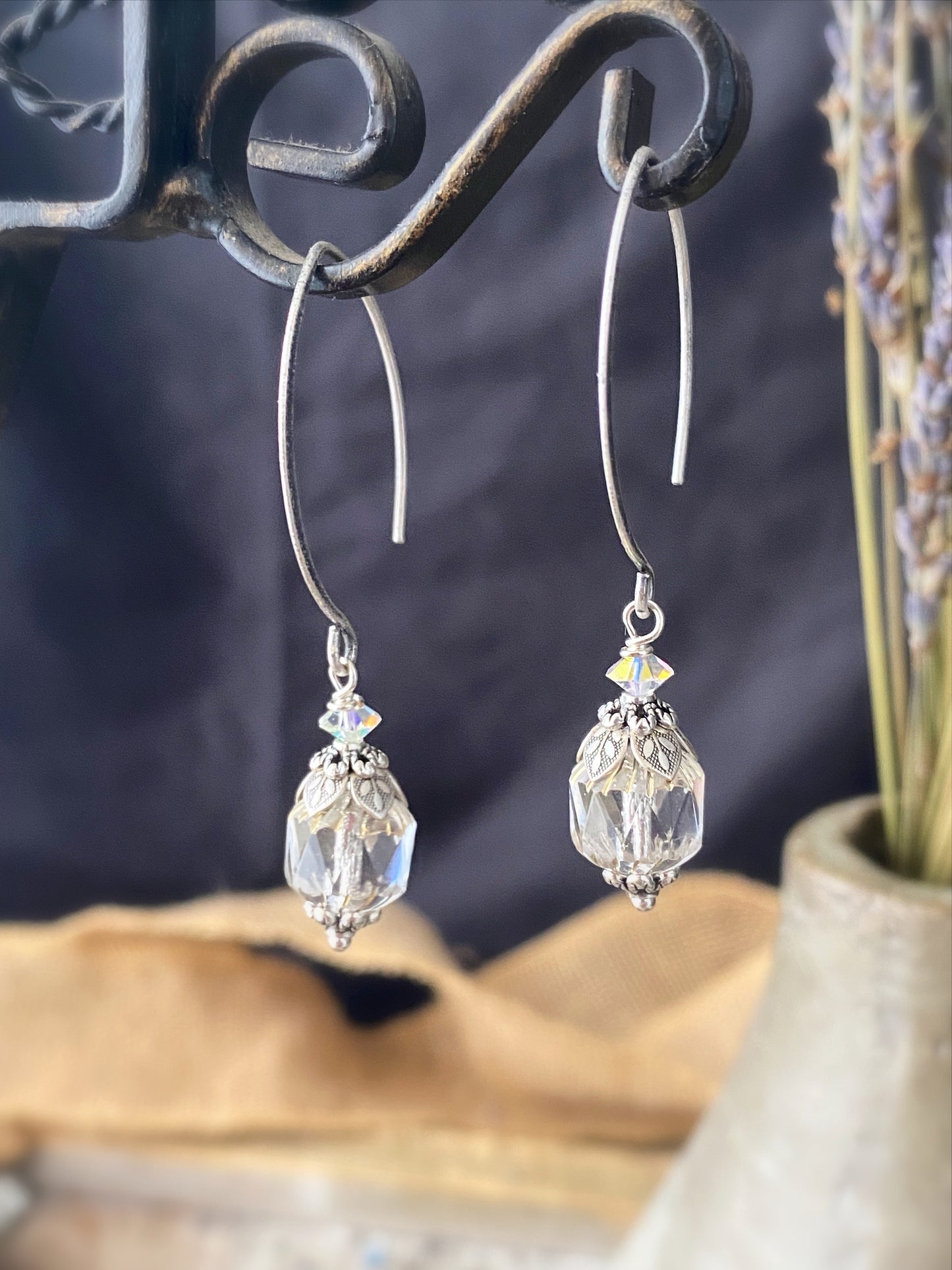 Shiny Czech glass, detailed floral bead caps, crystals, silver metal, drop earrings