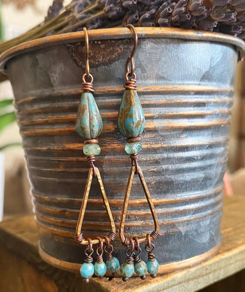 Blue Czech glass, dangles and bronze metal hammered earrings