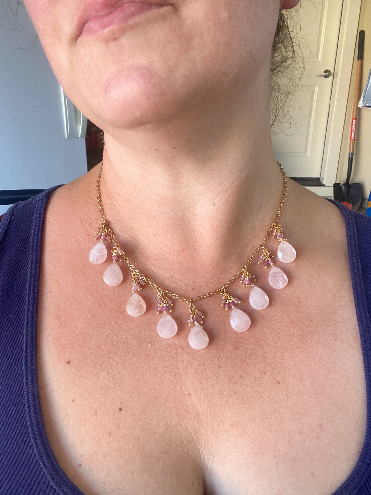 Rose quartz teardrop stone, pink tourmaline stone,gold necklace, jewelry