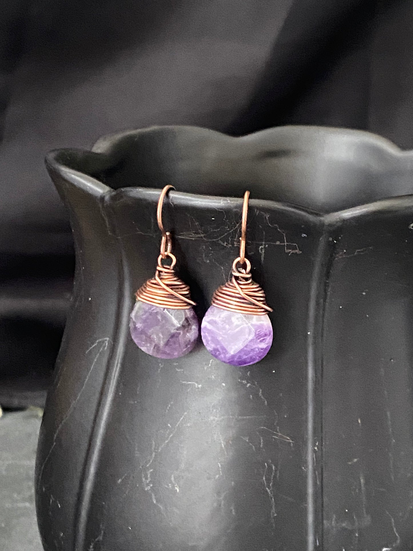 Amethyst gemstone drops, copper metal earrings, jewelry.