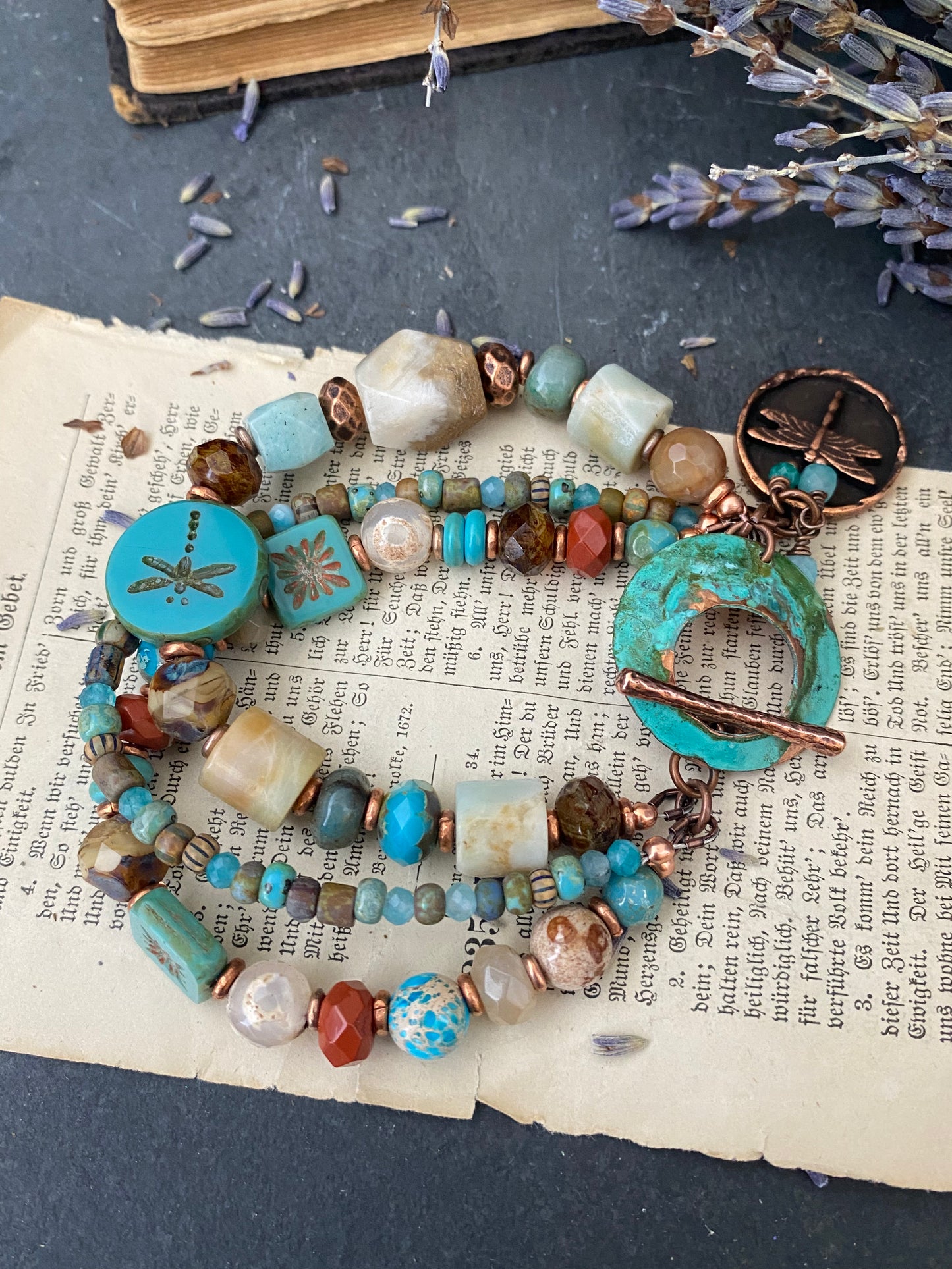 Agate stone, turquoise, czech glass, Amazonite, multi strand, copper metal, bracelet.