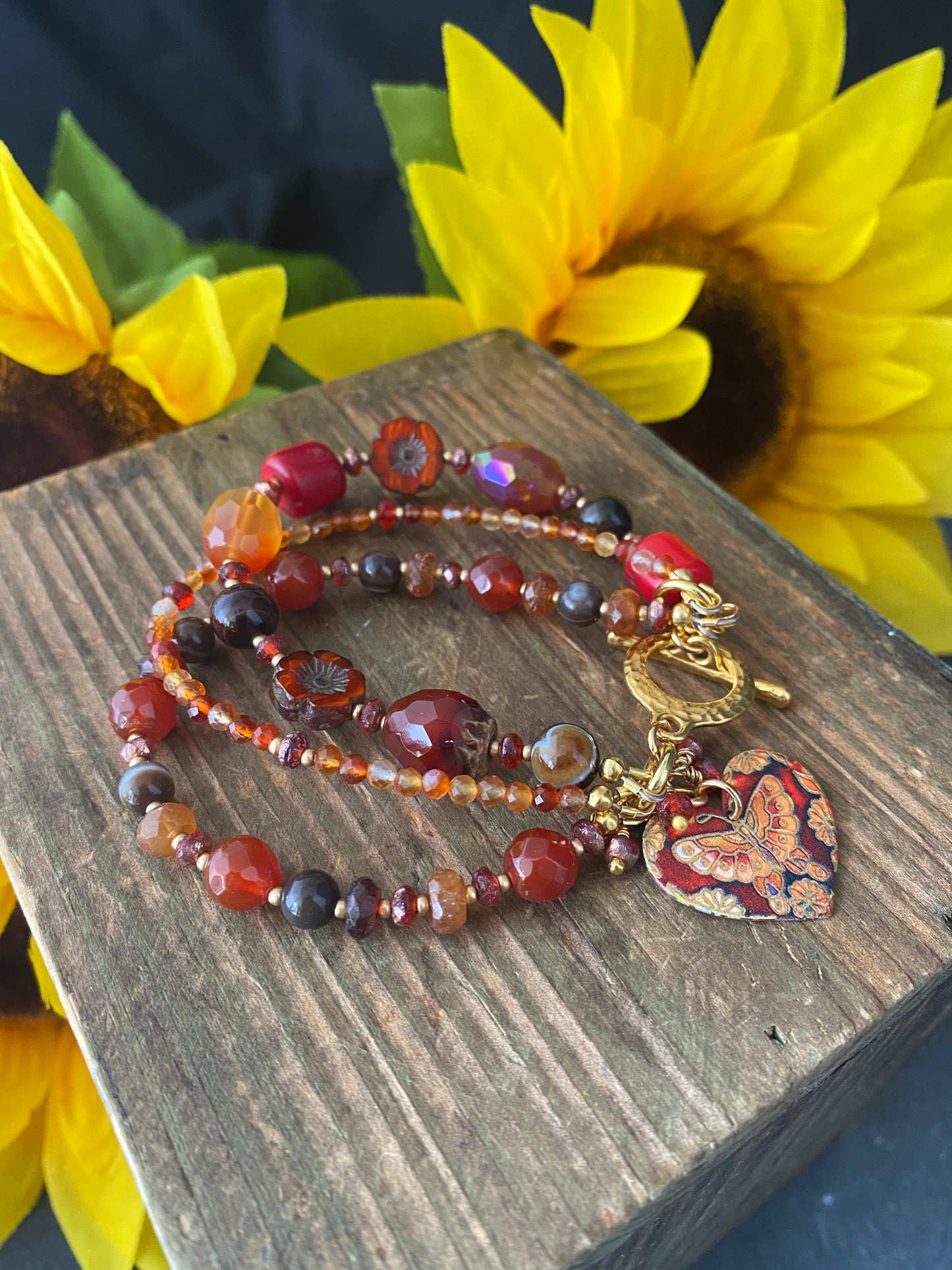 Carnelian, agate, Czech glass, mixed stone, butterfly, gold metal, bracelet, jewelry