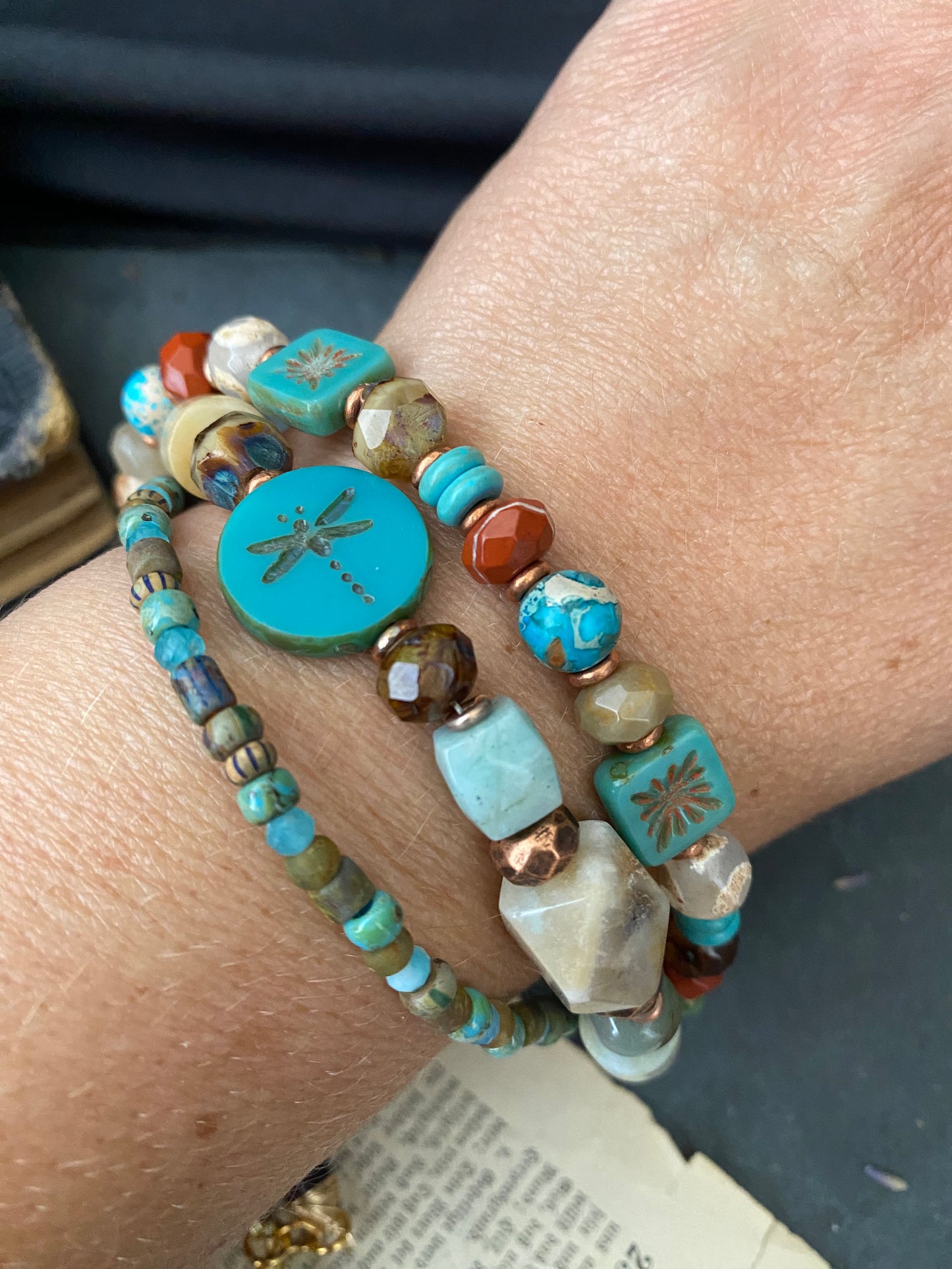 Agate stone, turquoise, czech glass, Amazonite, multi strand, copper metal, bracelet.