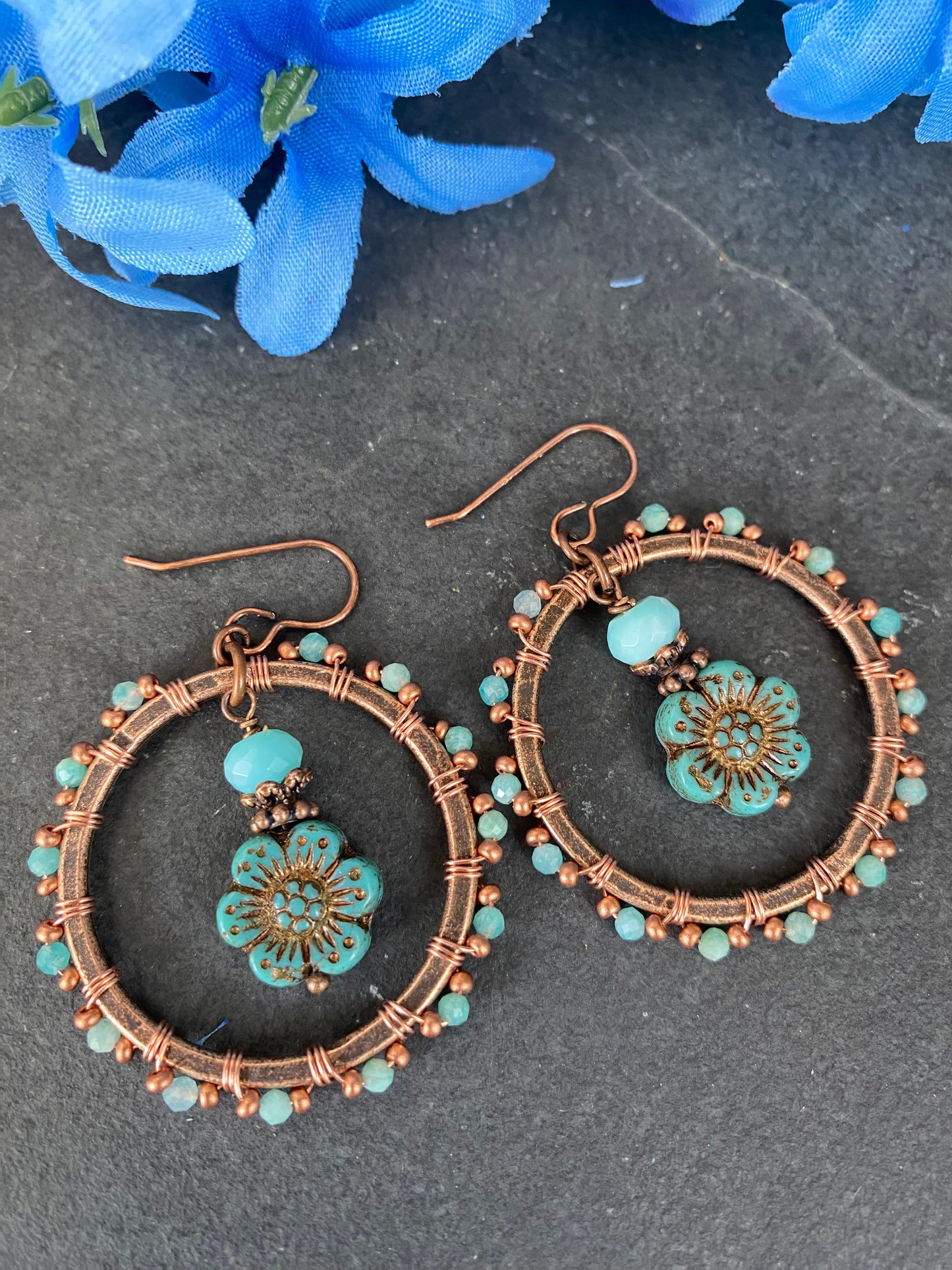 Amazonite stone, turquoise Czech glass flowers, copper metal hoops, wire wrapped, earrings