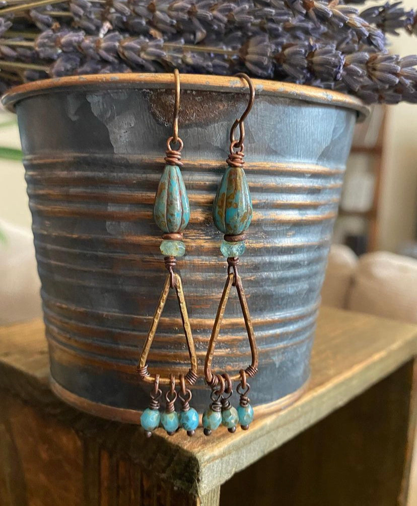 Blue Czech glass, dangles and bronze metal hammered earrings