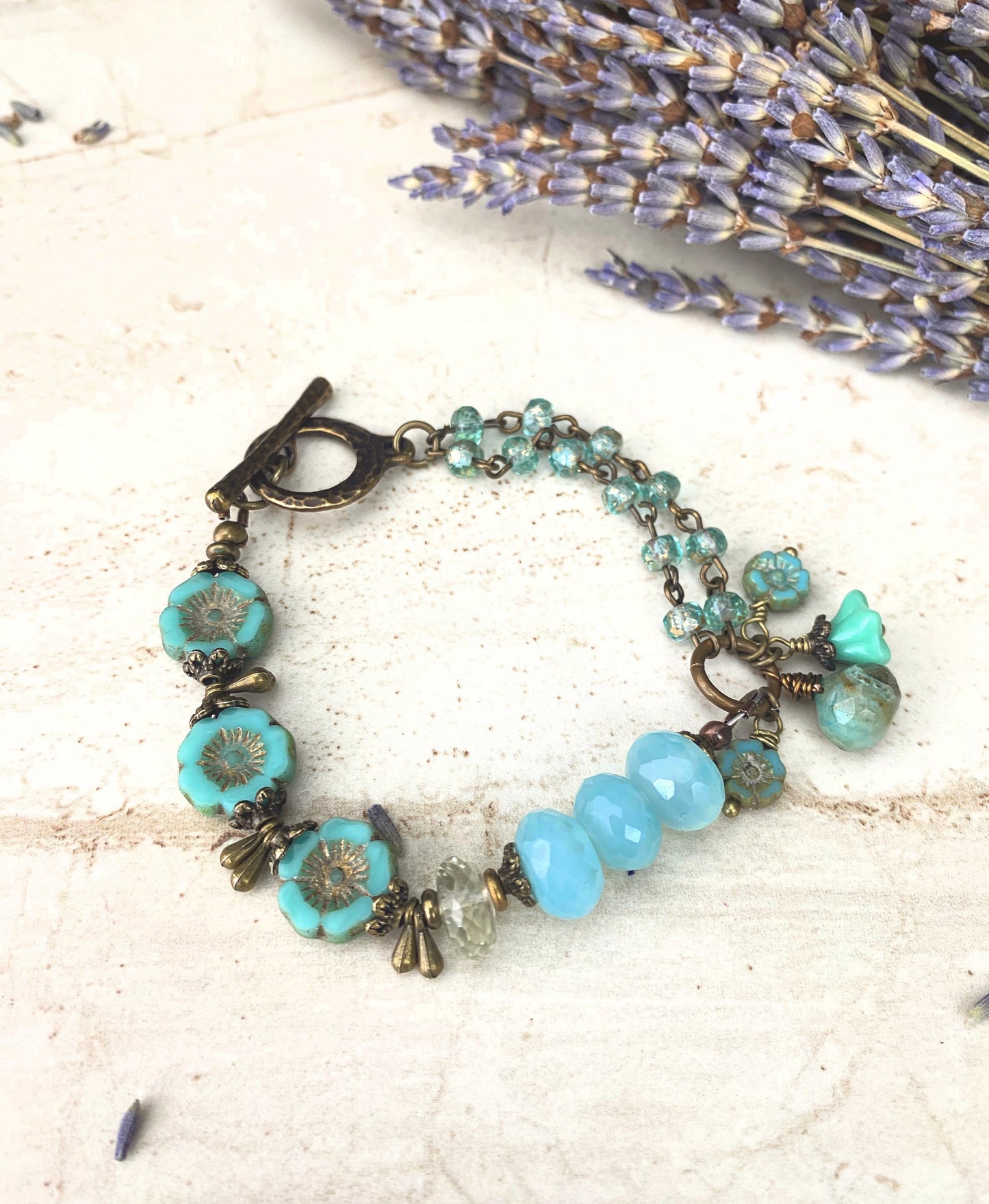 Teal flowers. Amazonite stone, Czech glass, bracelet, KIT