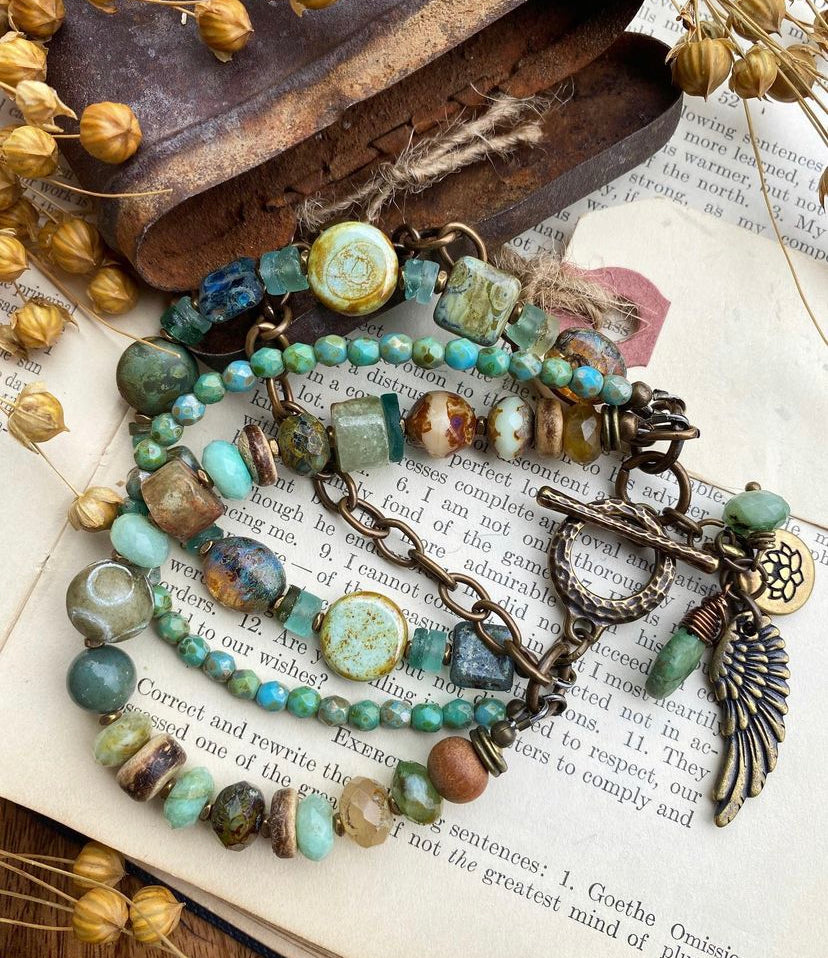 Green garnet, czech glass, agate, Chrysocolla, multi strand, bronze metal, bracelet.