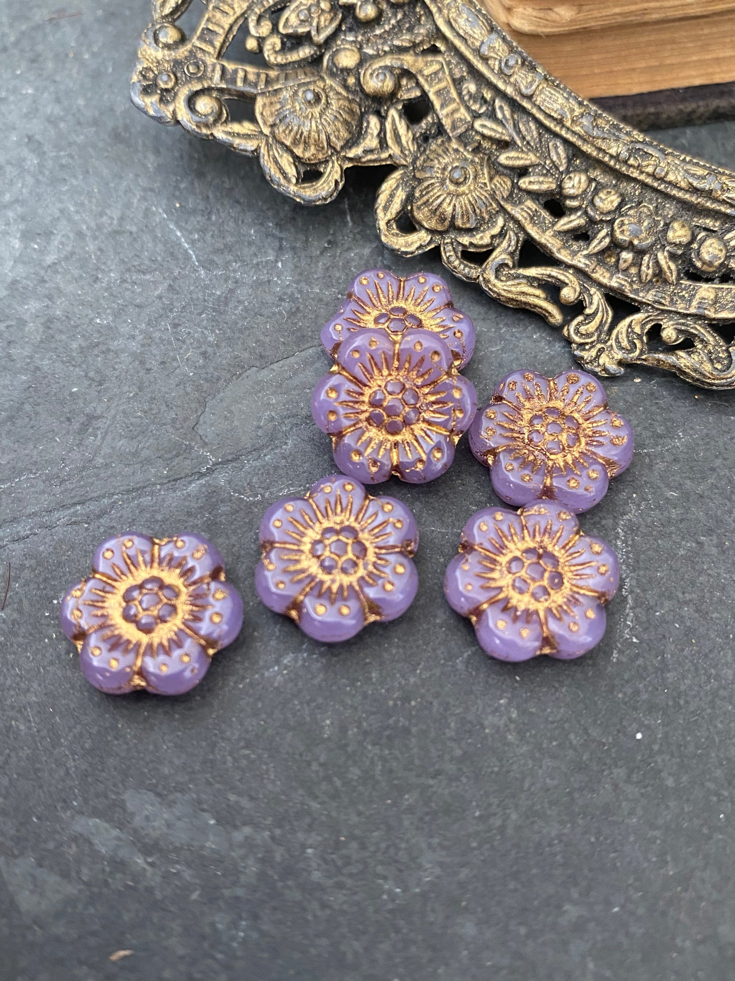 Premium Czech glass, Wild Rose (14mm) Lilac Purple Opaline with Dark Bronze Wash