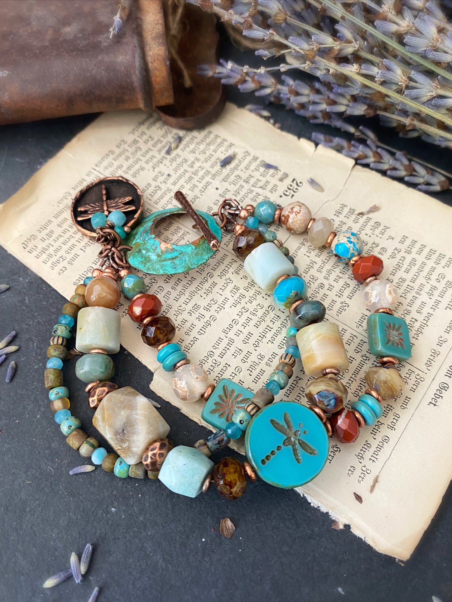 Agate stone, turquoise, czech glass, Amazonite, multi strand, copper metal, bracelet.