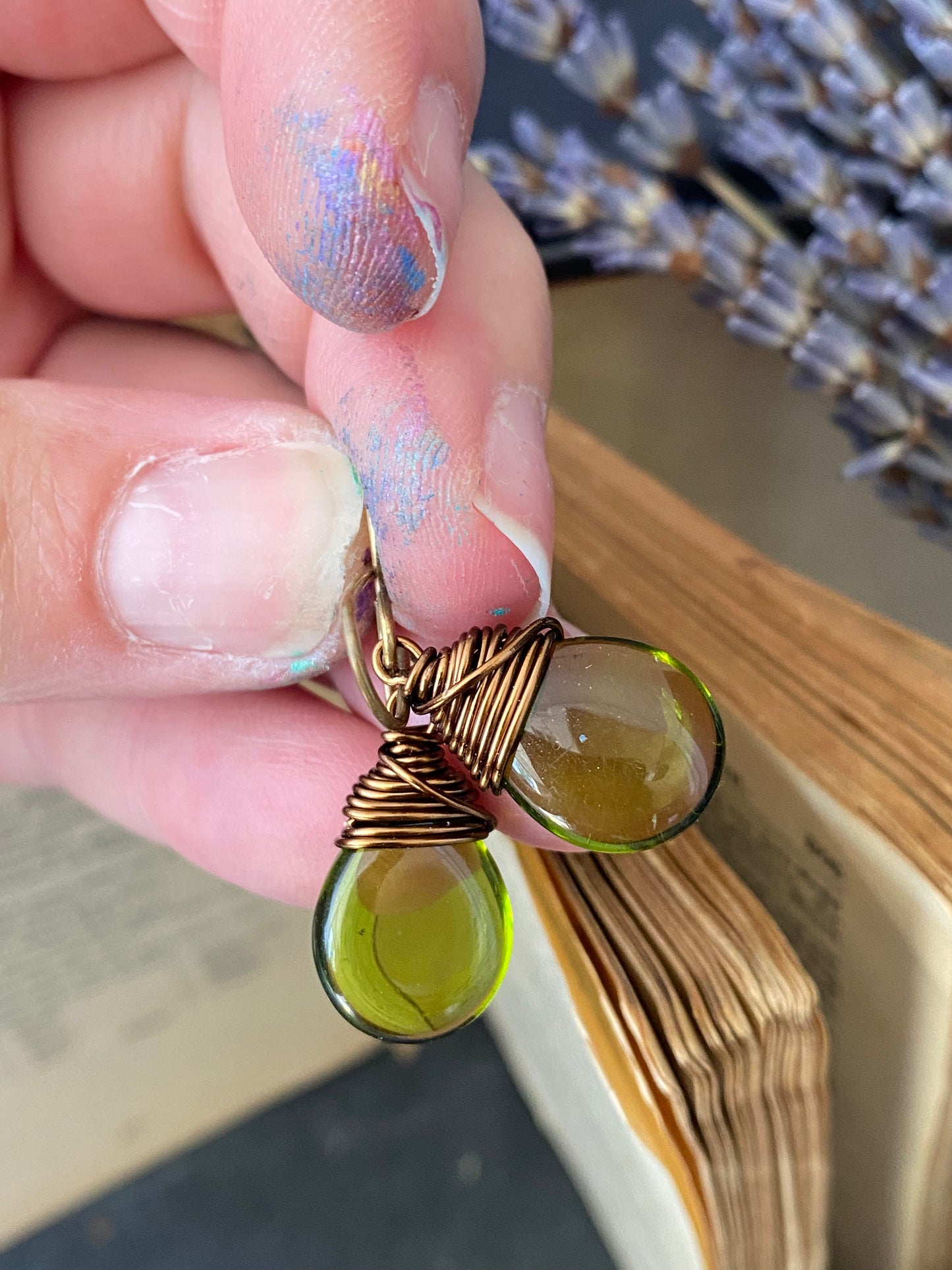 Teardrop glass in olive green and bronze wire wrapped earrings.
