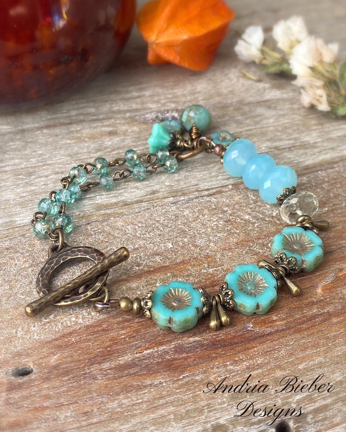 Teal flowers. Amazonite stone, Czech glass, bracelet, KIT