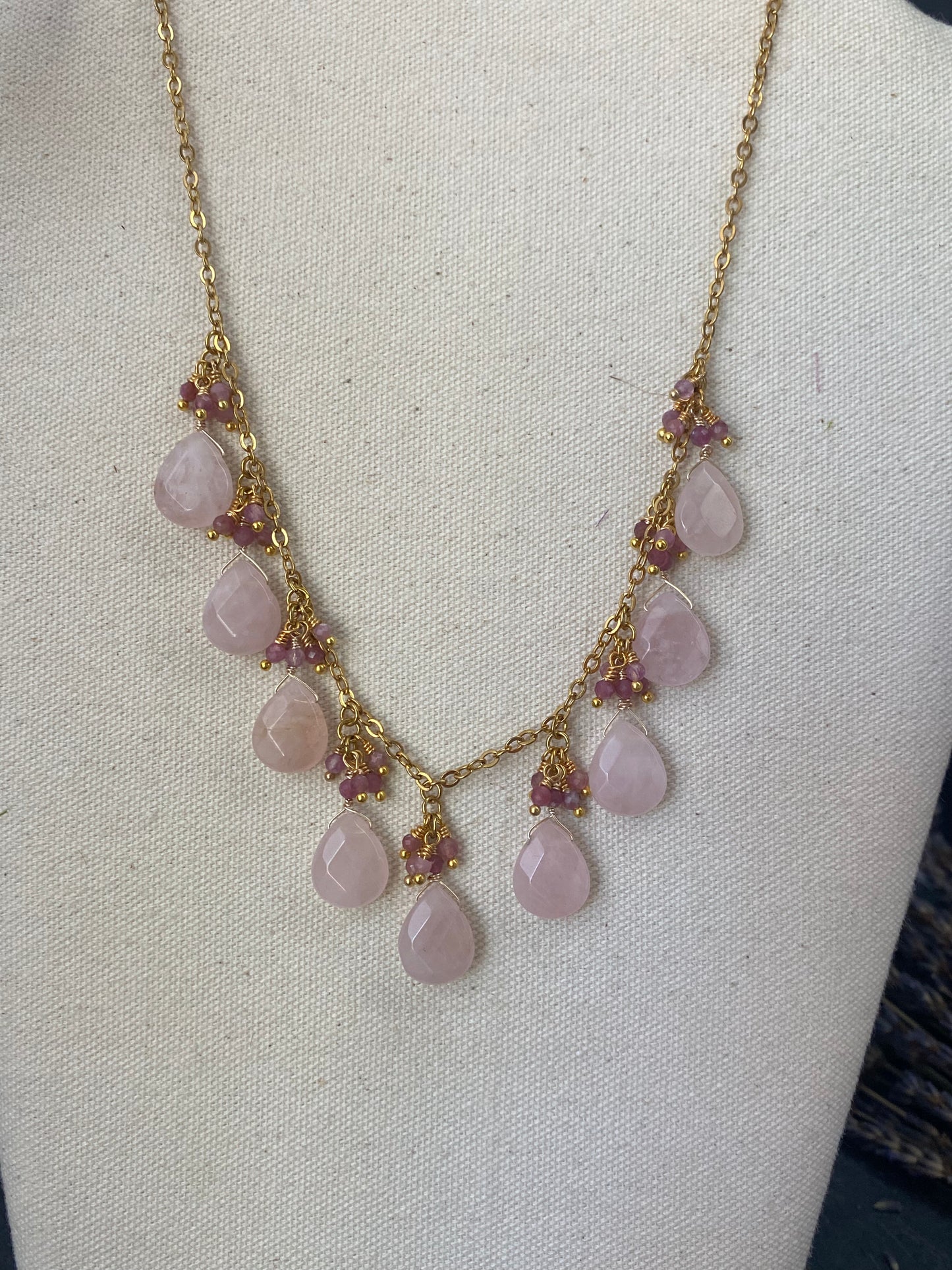 Rose quartz teardrop stone, pink tourmaline stone,gold necklace, jewelry