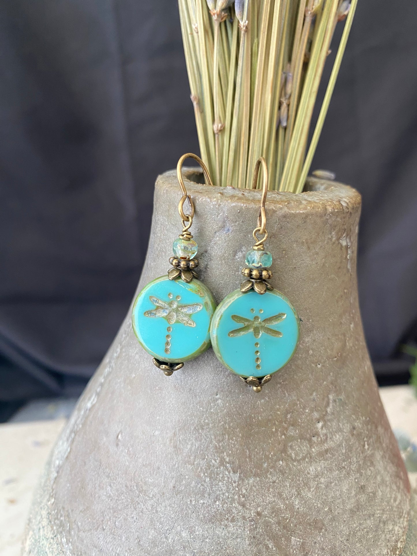 Dragonfly teal Czech glass, bronze metal, earrings.